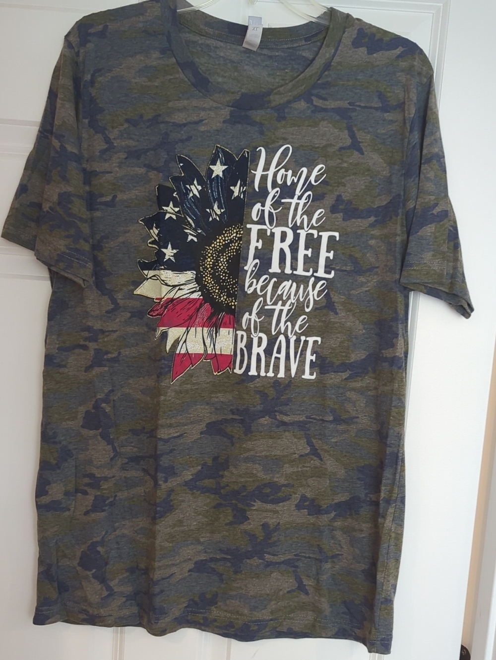 Camo Green Short Sleeve Tee with Patriotic Sunflower Graphic